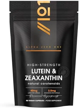 Lutein & Zeaxanthin with BioPerine® – 40mg Lutein 2.5mg Zeaxanthin – 90 Vegan Capsules – Natural Carotenoids from Marigold Extract – Resealable and Recyclable Pouch by Alpha01