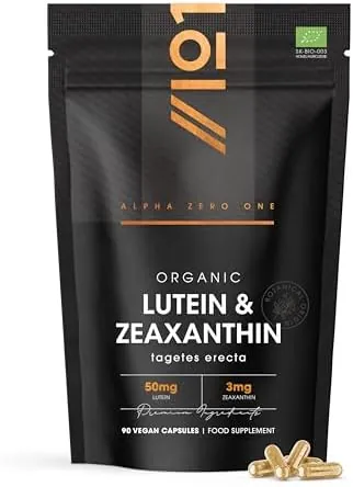 Organic Lutein & Zeaxanthin – 50mg Lutein & 3mg Zeaxanthin from Organic Marigold Flower Extract – 90 Vegan Capsules – Resealable and Recyclable Pouch by Alpha01