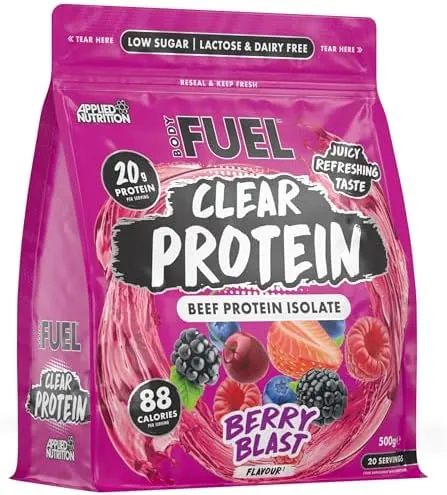 BodyFuel Clear Protein - Beef Protein Isolate - Clear & Refreshing - Best Low Sugar & Lactose-Free Protein Supplement - Muscle Support (500g - 20 Servings) (Berry Blast)