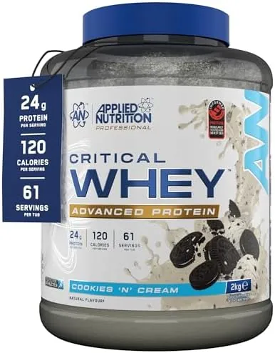 Applied Nutrition Critical Whey Protein Powder – 24g Protein per Serving, High Protein Powder, Protein Shake with BCAAs & Glutamine – Muscle Growth & Recovery (2Kg - 61 Servings) (Cookies ‘N’ Cream)