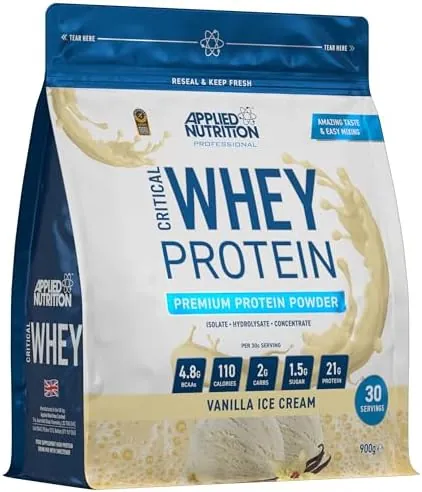 Applied Nutrition Critical Whey Protein Powder 900g - High Protein Powder, Protein Milkshake, Muscle Building Supplement with BCAAs & Glutamine (900g - 30 Servings) (Vanilla)