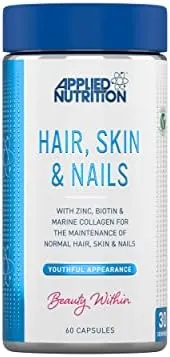 Applied Nutrition Hair, Skin & Nails – Hair Growth Vitamins with Biotin & Marine Collagen – Biotin Hair Growth & Nail Strengthener – Glowing Skin Support – 60 Capsules (30 Servings)