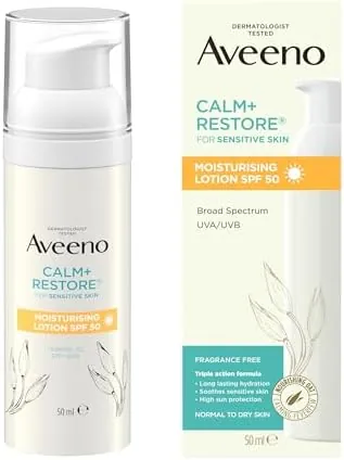 Aveeno Face CALM+RESTORE Moisturising Lotion SPF 50 (1 x 50ml), Lightweight Triple Action Formula, Long Lasting Hydration, Soothes Sensitive Skin, High Sun Protection, Broad Spectrum UVA & UVB