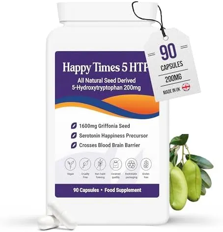 Happy Times Double Strength 5-HTP Supplement (200mg) Amino Acid 5 Hydroxytryptophan -Serotonin Melatonin Happiness Hormone Precursor Natural Griffonia Seed Extract Herbal Healthy Sleeping