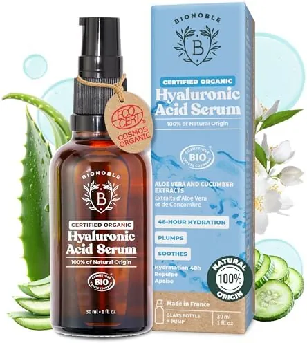 BIONOBLE Hyaluronic Acid Serum for Face Certified Organic - Hydrating, Anti Aging, Wrinkle - Face Serum for Women Mature Skin and All Types - Vegan Pure Hyaluronic Acid - Glass Bottle, Pump - 30ml