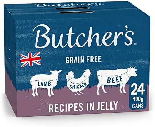 Butcher's Complete Wet Can Grain Free Hypoallergenic Adult Dog Food Recipes in Jelly Pack 24x400g - Chicken, Beef & Lamb