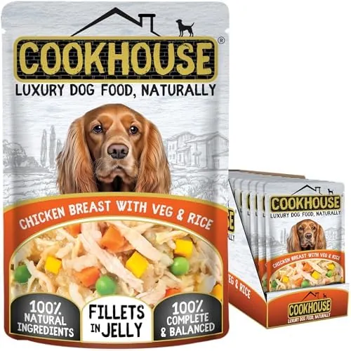 COOKHOUSE 100% Natural & Complete Luxury Wet Dog Food - 15 x 100g - Chicken Breast with Vegetables & Rice - Fillets in Jelly