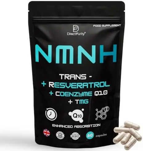 NMNH Supplement 600 mg, with Trans Resveratrol, CoQ10 and TMG, NMNH and resveratrol Supplements Support Cellular Health and Healthy Aging. Boost Vitality and Combat Aging.