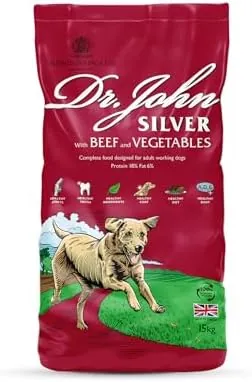 Dr John Silver Dry Dog Food 15kg - Beef with Vegetables - Complete Dog Biscuits 15kg - Senior and Adult Dog Food for Light Activity, Maintenance and Resting Dogs