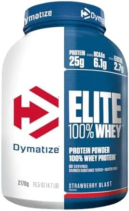 Dymatize Elite 100% Whey Strawberry Blast 2170g - High Protein Low Sugar Powder + Whey Protein and BCAAs