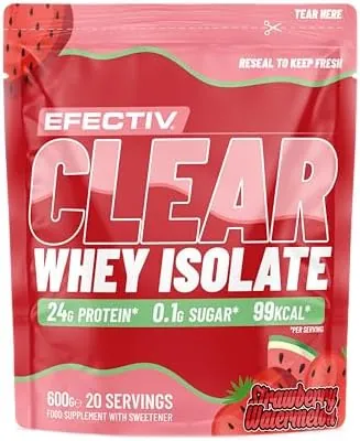 Efectiv Nutrition Clear Whey Isolate Protein Powder 600g - Whey Isolate with 24g Protein per 30g Scoop, Less Than 100 Calories - Juicy Alternative (600g, Strawberry Watermelon)