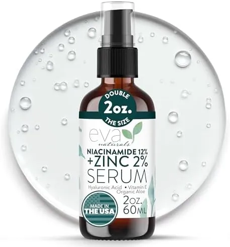 Eva Naturals Niacinamide 12% + Zinc 2% Serum for Face – Pore Minimizer, Dark Spot & Redness Relief, Oil Control with Botanical Hyaluronic Acid & Vitamin E (60 mL)