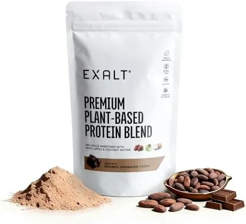EXALT Nutrition - Vegan Protein Powder - Ghanaian Cacao - 100% Natural - Plant Based Pea & Brown Rice Protein - Dual Release Blend - Naturally Sweetened - Free from Soy, Gluten & Dairy - 500g