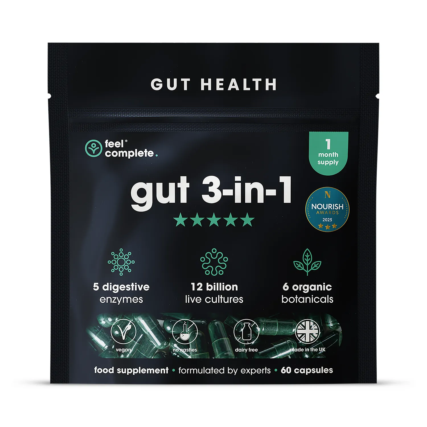 3 in 1 Gut Health - 12 Billion Probiotics, 5 Digestive Enzymes, 6 Botanicals - 60 Capsules