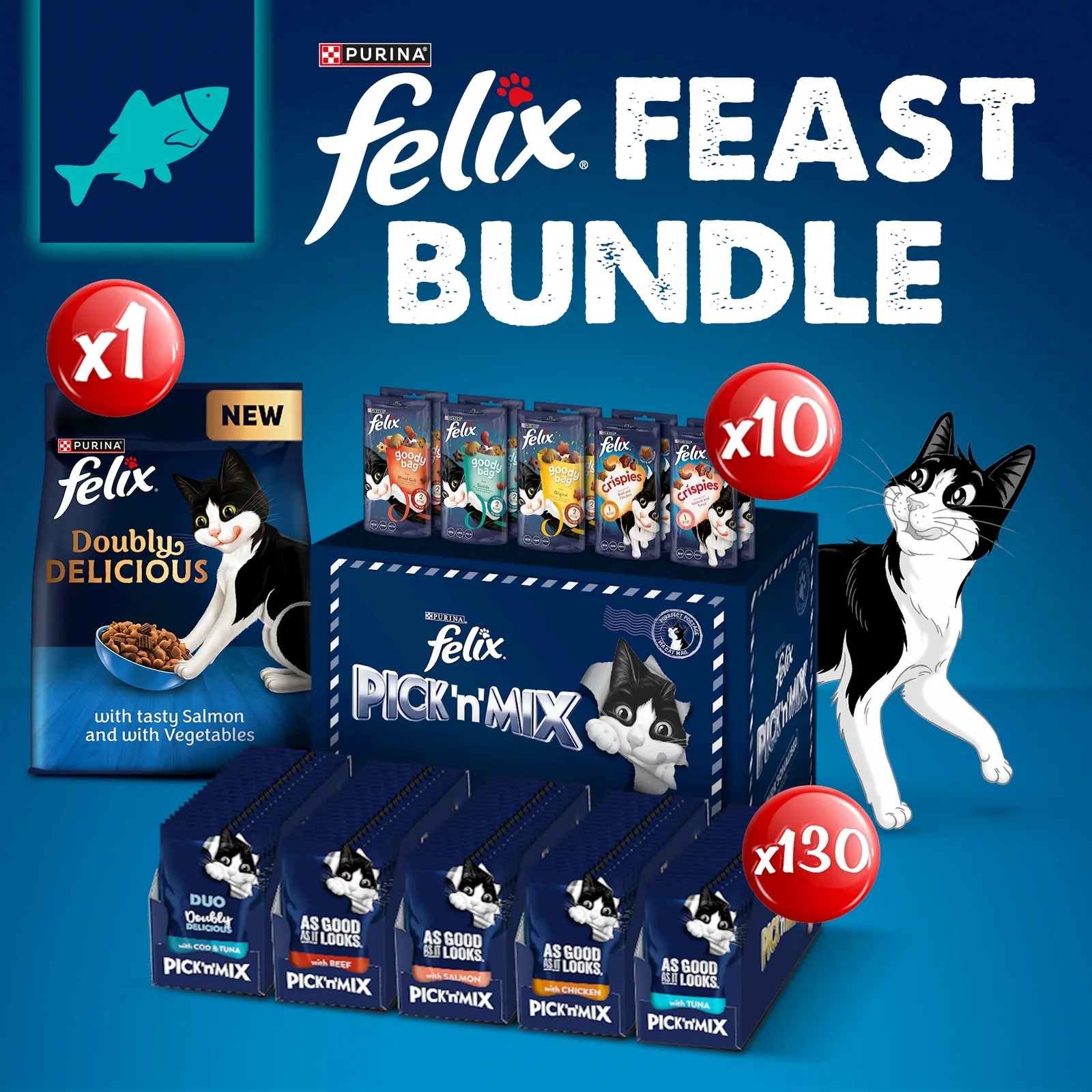 Felix Feast Pre-Mixed Bundle Adult Wet Cat Food 130x85g + Doubly Delicious Fish Dry Cat Food 2kg + 10 Felix Treats