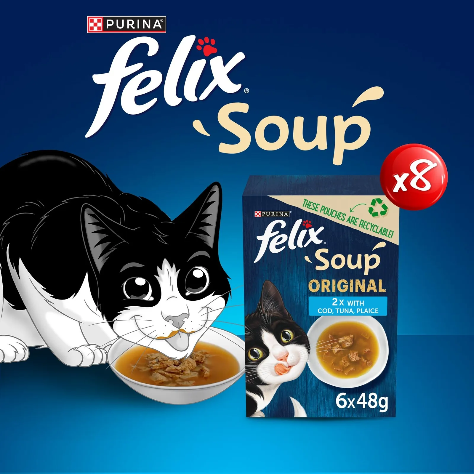Felix Soup Fish Selection with Plaice, Tuna & Cod Adult Wet Cat Food 48x48g