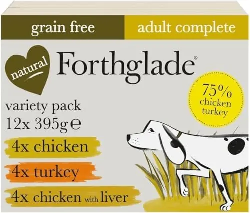 Forthglade Wet Dog Food Variety Pack (12 x 395g Trays) - Grain Free & Hypoallergenic Dog Food, Adult 1 Year+, Chicken, Chicken with Liver & Turkey, Vegetables, Stomach Sensitive, Natural Ingredients