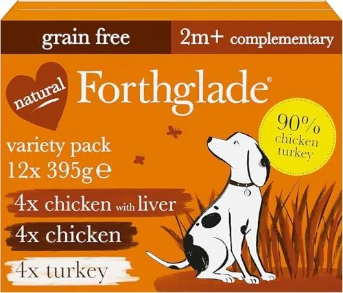 Forthglade Complementary Wet Dog Food (12 x 395g Trays) - Grain Free & Hypoallergenic Dog Food, Just Chicken, Chicken with Liver & Turkey, 90% Protein Stomach Sensitive with Natural Ingredients