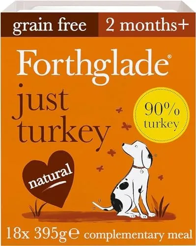 Forthglade Complementary Wet Dog Food (18 x 395g Trays) - Grain Free & Hypoallergenic Dog Food, Just 90% Turkey, Stomach Sensitive Meals with Natural Ingredients