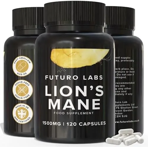 Lions Mane Supplement High Strength - 1500mg per Serving - Brain Fog/Cognitive Supplements by Futuro Labs - Nootropic Lion’s Mane Mushroom Capsules (Vegan) - 50% Polyphenols - 120 Day Supply (UK Made)