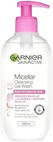 Garnier Micellar Gel Face Wash For Sensitive Skin 200ml, Gentle Face Cleanser & Makeup Remover, Recognised By The British Skin Foundation, Rinse-Off, Non-Drying & Fragrance Free Formula