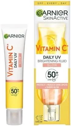 Garnier Vitamin C Daily UV Brightening Fluid Sheer Glow, SPF50+, Prevents + Corrects Sun Damages + Evens Skin tone, Face & Neck, For all skin types, Cruelty-Free, Vegan, 40ml
