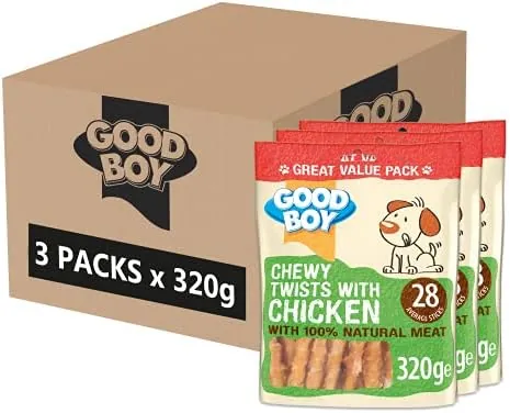 Chewy Twists With Chicken - Dog Treats - Made With 100% Natural Chicken Breast Meat - 320 Grams - Gluten Free Dog Treats (Case of 3)