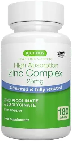 Igennus Clean Chelated Zinc Picolinate & Bisglycinate Complex 25mg with Copper, 6 Month Supply 180 Tablets, High Absorption & Lab Verified, Non-GMO, Supplement for Men & Women, Immune Support & Skin