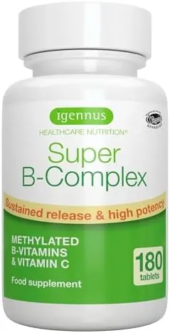 Igennus Super B-Complex - High Absorption Methylated B Vitamins, Clean Label, 180 Sustained Release Tablets - Complete Spectrum of B Vitamins with Folate, Boosted B12 & Vitamin C, 90 Servings