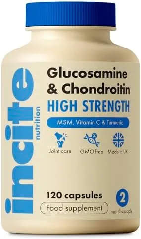 Glucosamine and Chondroitin High Strength Complex with MSM, Vitamin C, Ginger, Rosehip & Turmeric - 120 Premium Capsules Joint Care Supplements Made in The UK by Incite Nutrition