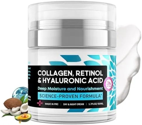 Retinol Collagen Cream, 3% Retinol Day & Night Cream with Hyaluronic Acid, Anti-Aging Face Creams for Wrinkles, Hydrating Moisturiser for Face & Neck, Non-Greasy, 24 hr Skincare for All Skin Types