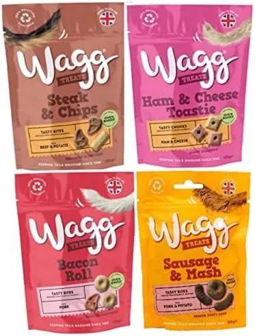 Wagg Dog Treats Bundle Sausage & Mash, Steak & Chips, Bacon Roll, Ham & Cheese Toastie Training Treats for Puppy