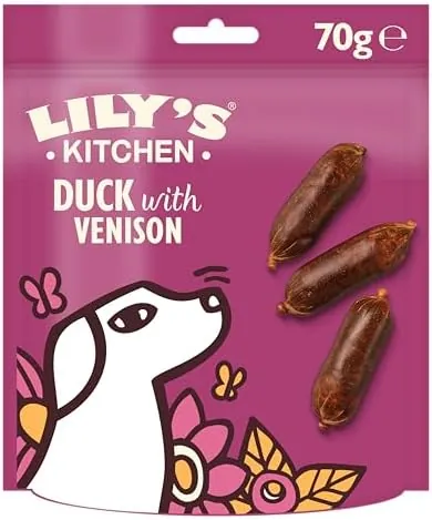 Lily’s Kitchen Made with Natural Ingredients Adult Dog Treats Packet Scrumptious Duck with Venison Sausages Grain-Free Recipes 8 x 70g