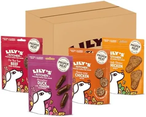 Lily's Kitchen Natural Dog Treats Multipack - Beef Mini Burgers, Duck and Venison Sausages, Chicken Bites & Chicken Jerky (8 x 70 g)