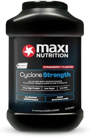MaxiNutrition Cyclone, Strawberry, Whey Protein Isolate Blend + Creatine, Glutamine & HMB, Added Zinc - Low in Sugar and Fat, 33g Protein per Serve - 1.26kg - NO Artificial Colours OR Flavours