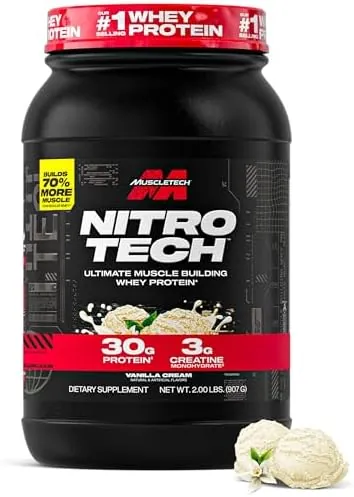 MuscleTech NitroTech Whey Protein Powder, Muscle Maintenance & Growth, Whey Isolate Protein Powder With 3g Creatine, Protein Shake For Men & Women, 6.8g BCAA, 20 Servings, 908g, Vanilla