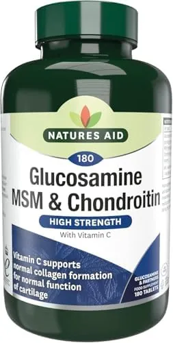 Natures Aid Glucosamine MSM & Chondroitin with Vitamin C - High Strength Joint Support - Mobility & Cartilage Health, Collagen Formation - Non-GMO, Gluten-Free Supplement - 180 Tablets