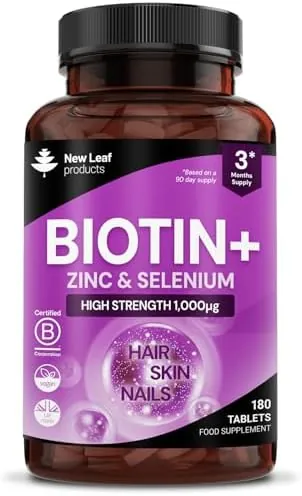 Biotin Hair Growth Vitamins 12,000mcg D-Biotin Tablets Enriched with Zinc & Selenium –Vegan Beauty Hair Skin & Nails Vitamins for Women and Men High Strength - 3 Months Supply UK Made - New Leaf