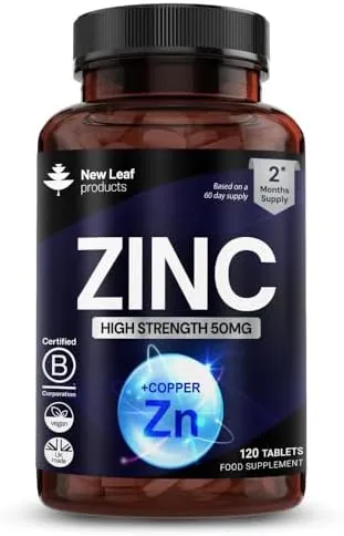 Zinc 50mg High Strength Tablets with Copper, Pure Zinc Supplements Contributes Towards The Immune System, Bone Health and Fertility, Vegan, Non-GMO, Made in UK by New Leaf 120 Tablets