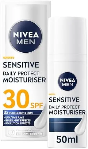 NIVEA MEN Sensitive Daily Protect Moisturiser SPF 30 (50ml), Moisturising Men's Face Cream Suitable For Sensitive Skin, Lightweight Face Moisturiser with UV Protection, Non-Greasy Formula