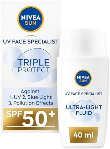 NIVEA SUN Triple Protect Light Sun Fluid SPF50+ (40ml), Face Sun Cream SPF50 with Hyaluron, Protects Against UV, Blue Light and Pollution, Daily Face Sunscreen