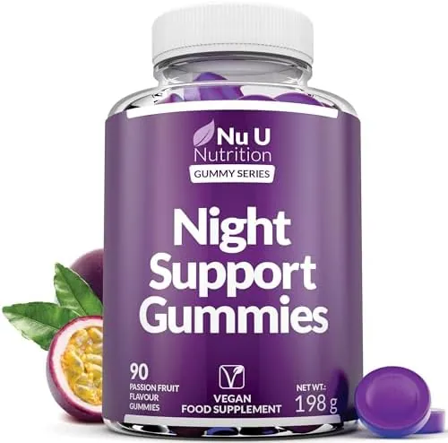 5HTP Night Support - Sleep Gummies for Adults - 90 Vegan Melatonin Alternative Gummies - Passionfruit Taste - High Strength Griffonia Simplicifolia, L-Theanine, Lavender & Chamomile - Nu U Nutrition