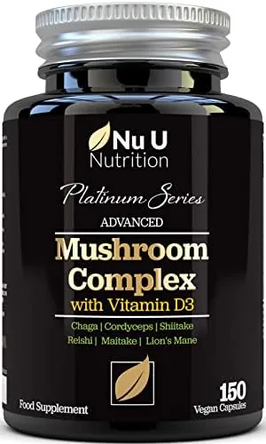 Mushroom Complex 6 Supplement - 150 Vegan Capsules - High Potency Superblend of Lions Mane, Chaga, Cordyceps, Shiitake, Reishi, Maitake Mushrooms with Vitamin D - Made in the UK - Nu U Nutrition