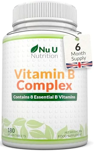 Vitamin B Complex High Strength - 180 Vegan Tablets - 6 Month Supply - Contains All 8 B Vitamins in 1 Tablet - Vitamins B1, B2, B3, B5, B6, B12, Biotin & Folic Acid - Nu U Nutrition