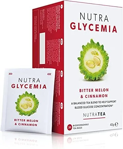 Nutra Tea NUTRAGLYCEMIA - Blood Glucose Tea - Diabetes Tea - For Blood Sugar Control & Diabetics - Includes Bitter Melon, Cinnamon & Fenugreek - 20 Individual Wrapped Bags - Herbal Infusion (1 Pack)