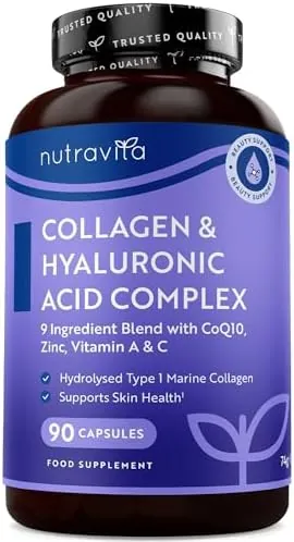 Nutravita Collagen Supplements for Women with Hyaluronic Acid and Marine Collagen, Enhanced with Vitamin D, C, B12, Magnesium, Zinc and Coq10 - Collagen Formation for Your Skin - Made in The UK