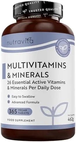 Nutravita Multivitamins & Minerals - 365 Vegan Tablets, 1 Year Supply - Immune System Support - Multivitamin Tablets for Women & Men - 26 Essential Active Vitamins & Minerals - Made in the UK