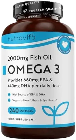 Nutravita Omega 3 Capsules High Strength 2000mg with 660mg EPA & 440mg DHA, 240 Softgel Omega 3 Fish Oil Capsules for 4 Months of Supply, Fish Oil Omega 3 Supplements