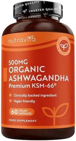 Nutravita Organic Ashwagandha KSM-66® 500mg - Premium Full-Spectrum Root Extract - Naturally Occurring Withanolides - 60 Vegan Capsules – Certified Organic Ashwagandha Supplement - Made in the UK