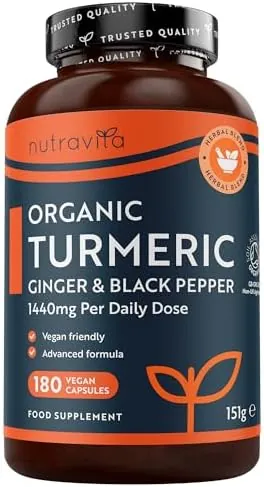 Nutravita Organic Turmeric 1440mg (High Strength) with Black Pepper & Ginger - 180 Vegan Turmeric Capsules (3 Month Supply) – Organic Termeric with Active Ingredient Curcumin - Made in The UK